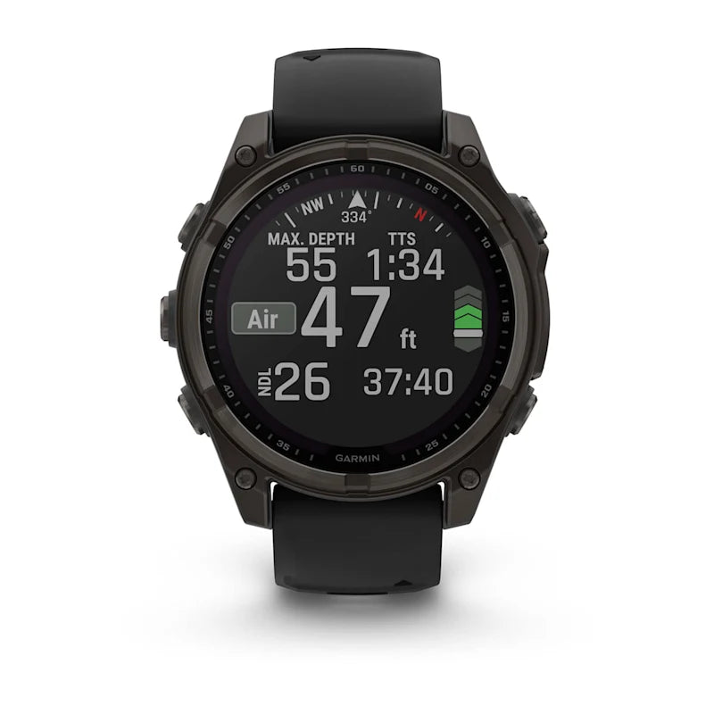 Garmin Fenix 8, 47 mm AMOLED, Solar Sapphire, Carbon Gray DLC Titanium with Black/Pebble Gray Silicone Band (010-02906-10)