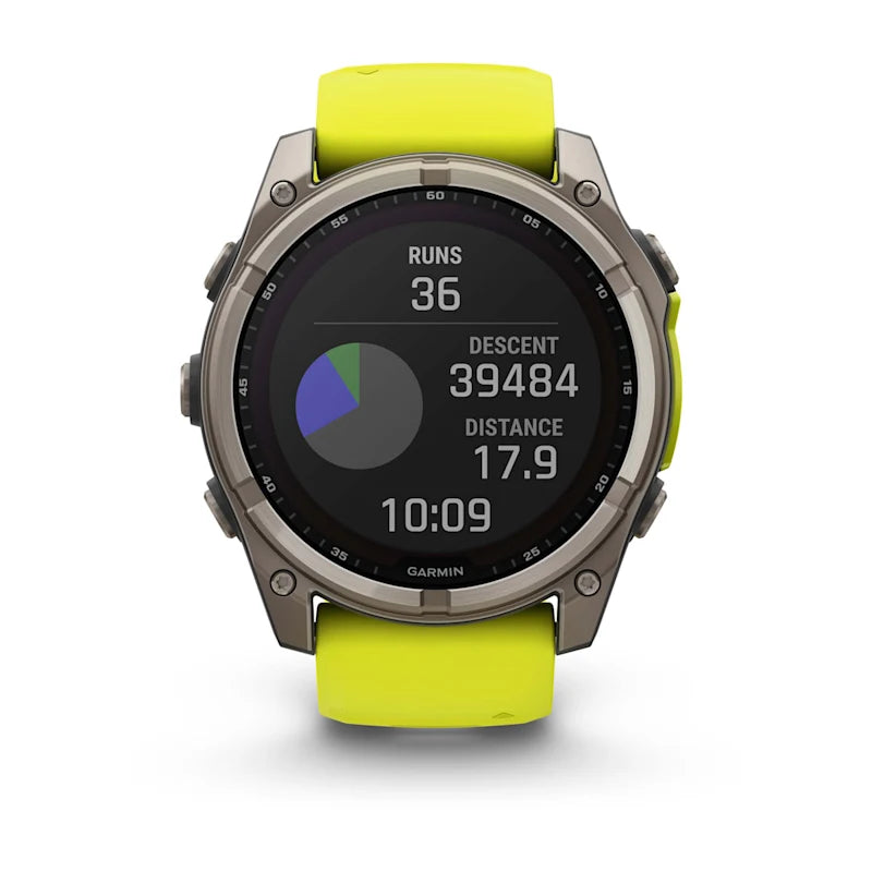 Garmin Fenix 8, 51 mm Solar Sapphire, Titanium with Amp Yellow/Graphite Silicone Band (010-02907-20)