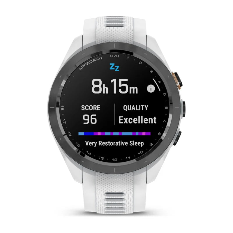 Garmin Approach S70, lunette en céramique noire/pêche de 42 mm avec bracelet en silicone blanc (010-02746-00)