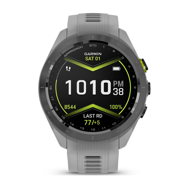 Garmin Approach S70, 42 mm Black/Amp Yellow Ceramic Bezel with Powder Gray Silicone Band (010-02746-01)