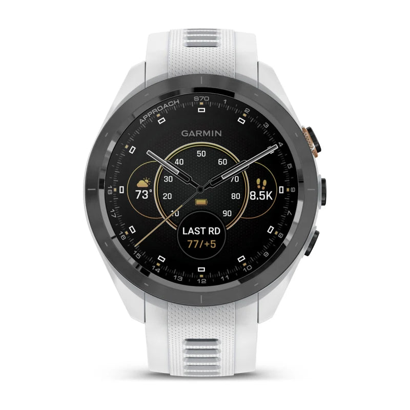 Garmin Approach S70, lunette en céramique noire/pêche de 42 mm avec bracelet en silicone blanc (010-02746-00)