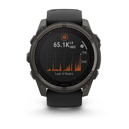 Garmin Fenix ​​8, 51 mm Solar Sapphire, titane DLC gris carbone avec bracelet en silicone noir/gris galet (010-02907-10)