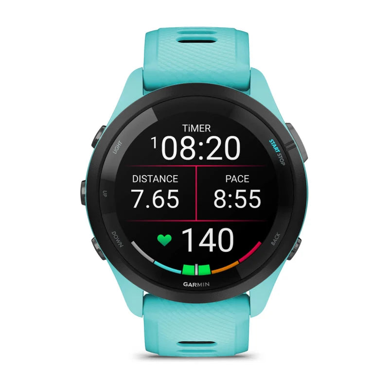 Garmin Forerunner 265, 46 mm Black Bezel with Aqua Case and Aqua/Black Silicone Band (010-02810-02)