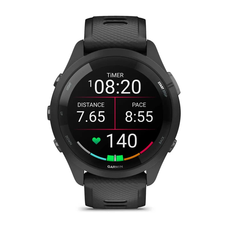 Garmin Forerunner 265, lunette et boîtier noirs de 46 mm avec bracelet en silicone noir/gris poudré (010-02810-00)