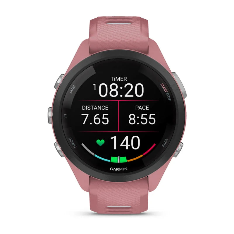 Garmin Forerunner 265S, lunette noire de 42 mm avec boîtier rose clair et bracelet en silicone rose clair/blanc (010-02810-05)