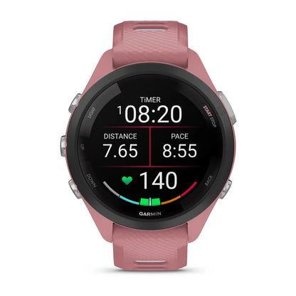 Garmin Forerunner 265S, lunette noire de 42 mm avec boîtier rose clair et bracelet en silicone rose clair/blanc (010-02810-05)