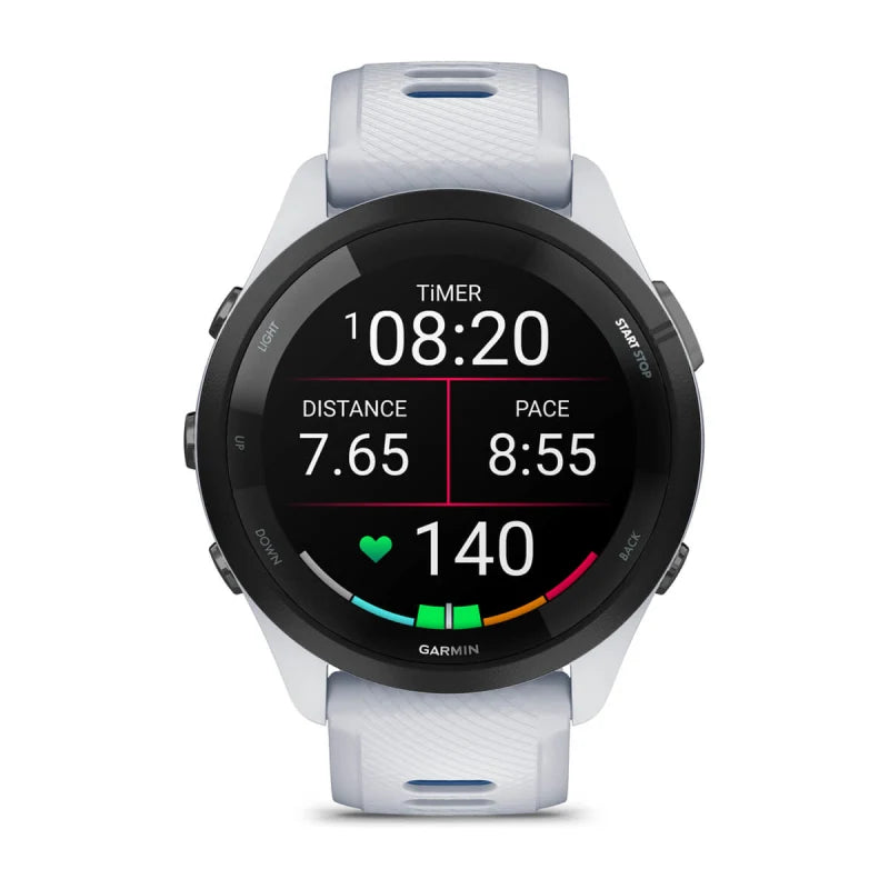 Garmin Forerunner 265, lunette noire de 46 mm avec boîtier Whitestone et bracelet en silicone Whitestone/Tidal Blue (010-02810-01)