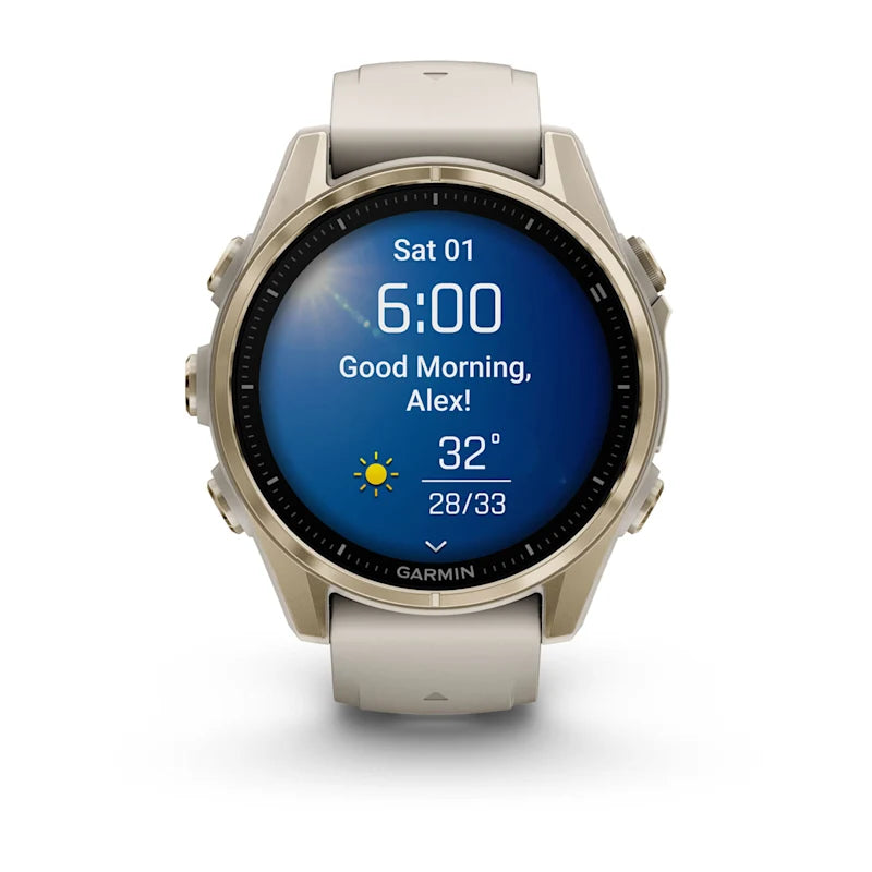 Garmin Fenix ​​8, 43 mm AMOLED Sapphire, or doux avec bracelet en silicone gris brouillard/sable foncé (010-02903-10)