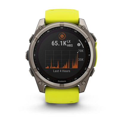 Garmin Fenix 8, 51 mm Solar Sapphire, Titanium with Amp Yellow/Graphite Silicone Band (010-02907-20)