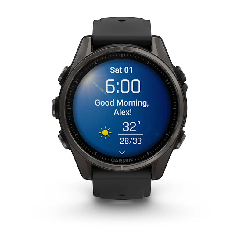 Garmin Fenix 8, AMOLED 43mm, Sapphire Carbon Gray DLC Titanium with Black/Pebble Gray Silicone Band (010-02903-20)