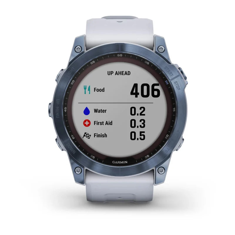 Garmin Fēnix 7X, édition solaire Sapphire, titane bleu minéral avec bracelet Whitestone (reconditionné certifié Garmin)