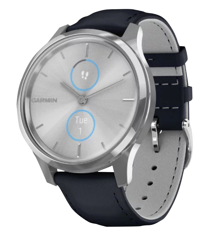 Garmin Vívomove Luxe - Boîtier en acier inoxydable argenté avec bracelet en cuir italien bleu marine (010-02241-00)