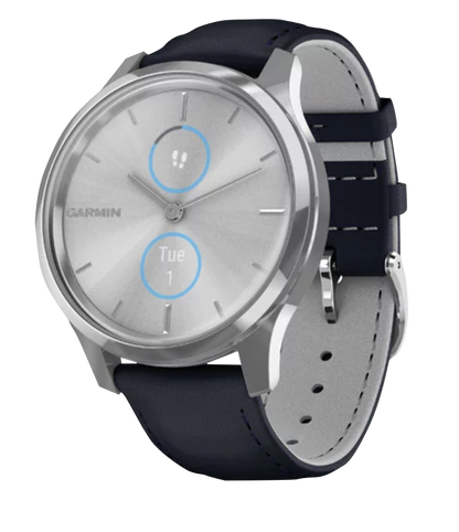 Garmin Vívomove Luxe - Boîtier en acier inoxydable argenté avec bracelet en cuir italien bleu marine (010-02241-00)