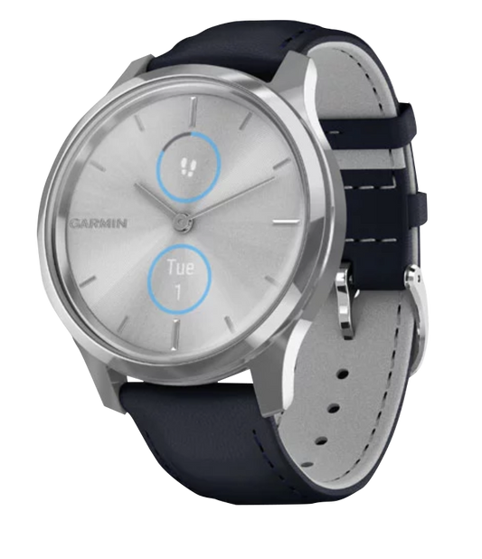 Garmin Vívomove Luxe - Boîtier en acier inoxydable argenté avec bracelet en cuir italien bleu marine (010-02241-00)