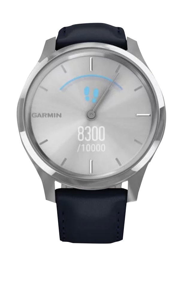 Garmin Vívomove Luxe - Boîtier en acier inoxydable argenté avec bracelet en cuir italien bleu marine (010-02241-00)