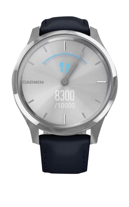 Garmin Vívomove Luxe - Boîtier en acier inoxydable argenté avec bracelet en cuir italien bleu marine (010-02241-00)