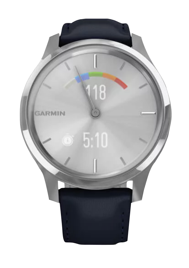 Garmin Vívomove Luxe - Boîtier en acier inoxydable argenté avec bracelet en cuir italien bleu marine (010-02241-00)