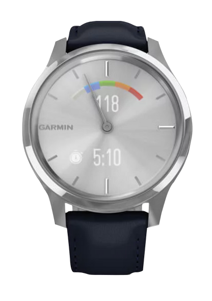 Garmin Vívomove Luxe - Boîtier en acier inoxydable argenté avec bracelet en cuir italien bleu marine (010-02241-00)