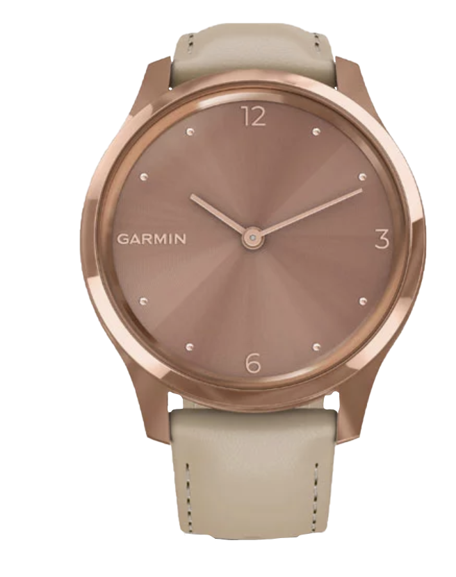 Garmin Vívomove Luxe - Boîtier en acier inoxydable PVD or rose 18 carats avec bracelet en cuir italien sable clair (010-02241-01)