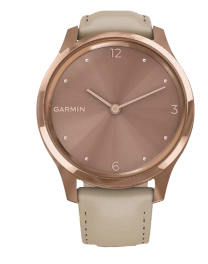 Garmin Vívomove Luxe - Boîtier en acier inoxydable PVD or rose 18 carats avec bracelet en cuir italien sable clair (010-02241-01)