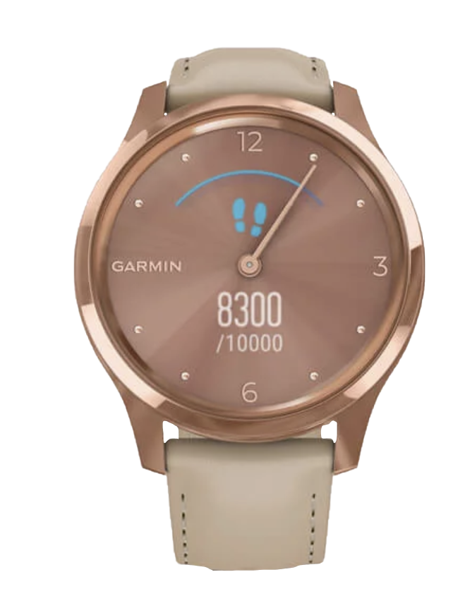 Garmin Vívomove Luxe - Boîtier en acier inoxydable PVD or rose 18 carats avec bracelet en cuir italien sable clair (010-02241-01)