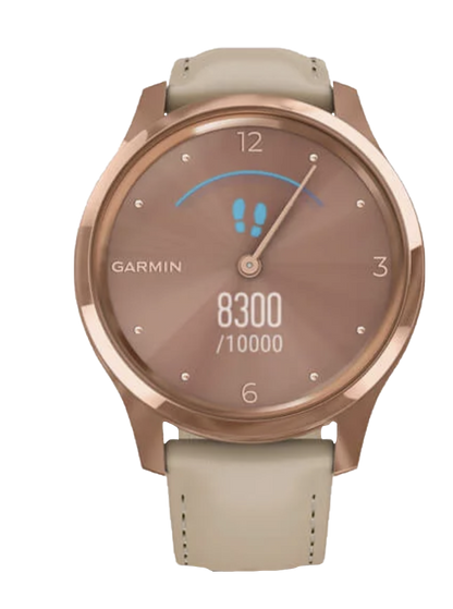 Garmin Vívomove Luxe - Boîtier en acier inoxydable PVD or rose 18 carats avec bracelet en cuir italien sable clair (010-02241-01)