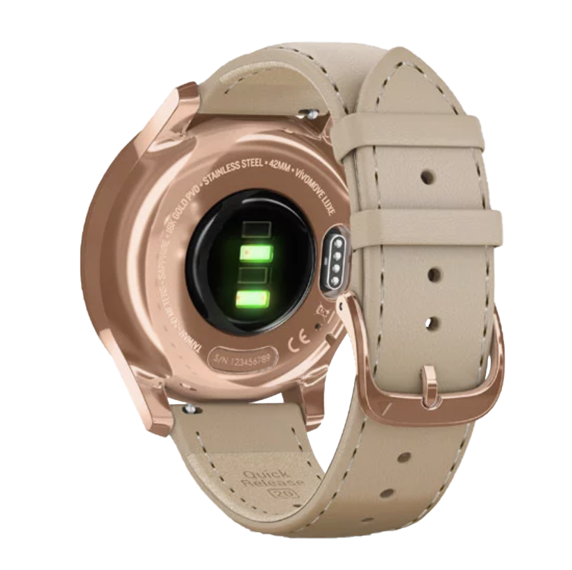 Garmin Vívomove Luxe - Boîtier en acier inoxydable PVD or rose 18 carats avec bracelet en cuir italien sable clair (010-02241-01)