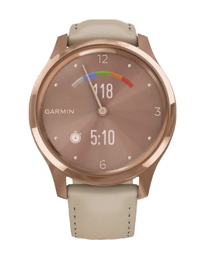 Garmin Vívomove Luxe - Boîtier en acier inoxydable PVD or rose 18 carats avec bracelet en cuir italien sable clair (010-02241-01)