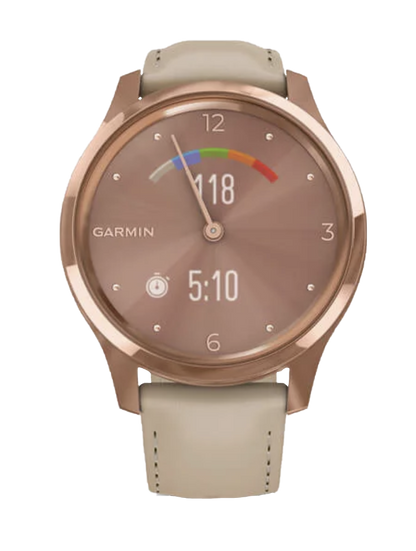 Garmin Vívomove Luxe - Boîtier en acier inoxydable PVD or rose 18 carats avec bracelet en cuir italien sable clair (010-02241-01)