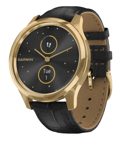 Garmin Vívomove Luxe - Boîtier en acier inoxydable PVD or 24 carats avec bracelet en cuir italien noir gaufré (010-02241-02)