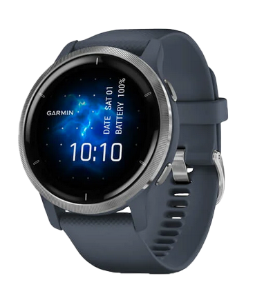 Gamin Venu 2 - Silver Stainless Steel Bezel with Granite Blue Case and Silicone Band (010-02430-00)