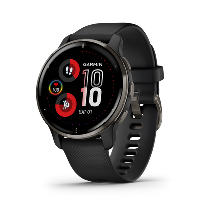 Garmin Venu 2 Plus - Lunette en acier inoxydable ardoise avec boîtier noir et bracelet en silicone (010-02496-01)