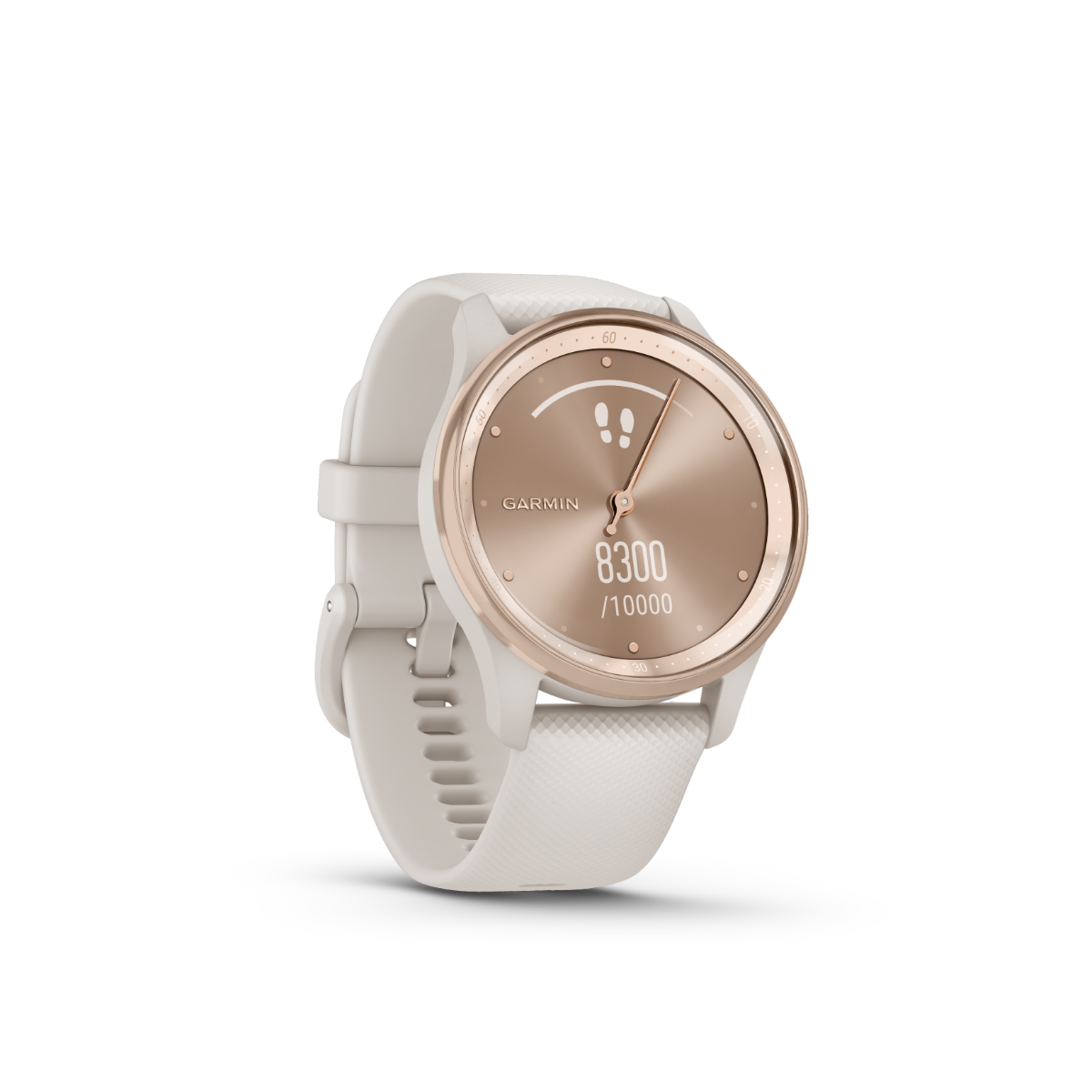 Montre Garmin vivomove Trend avec lunette en acier inoxydable doré pêche et boîtier ivoire et bracelet en silicone (010-02665-01)